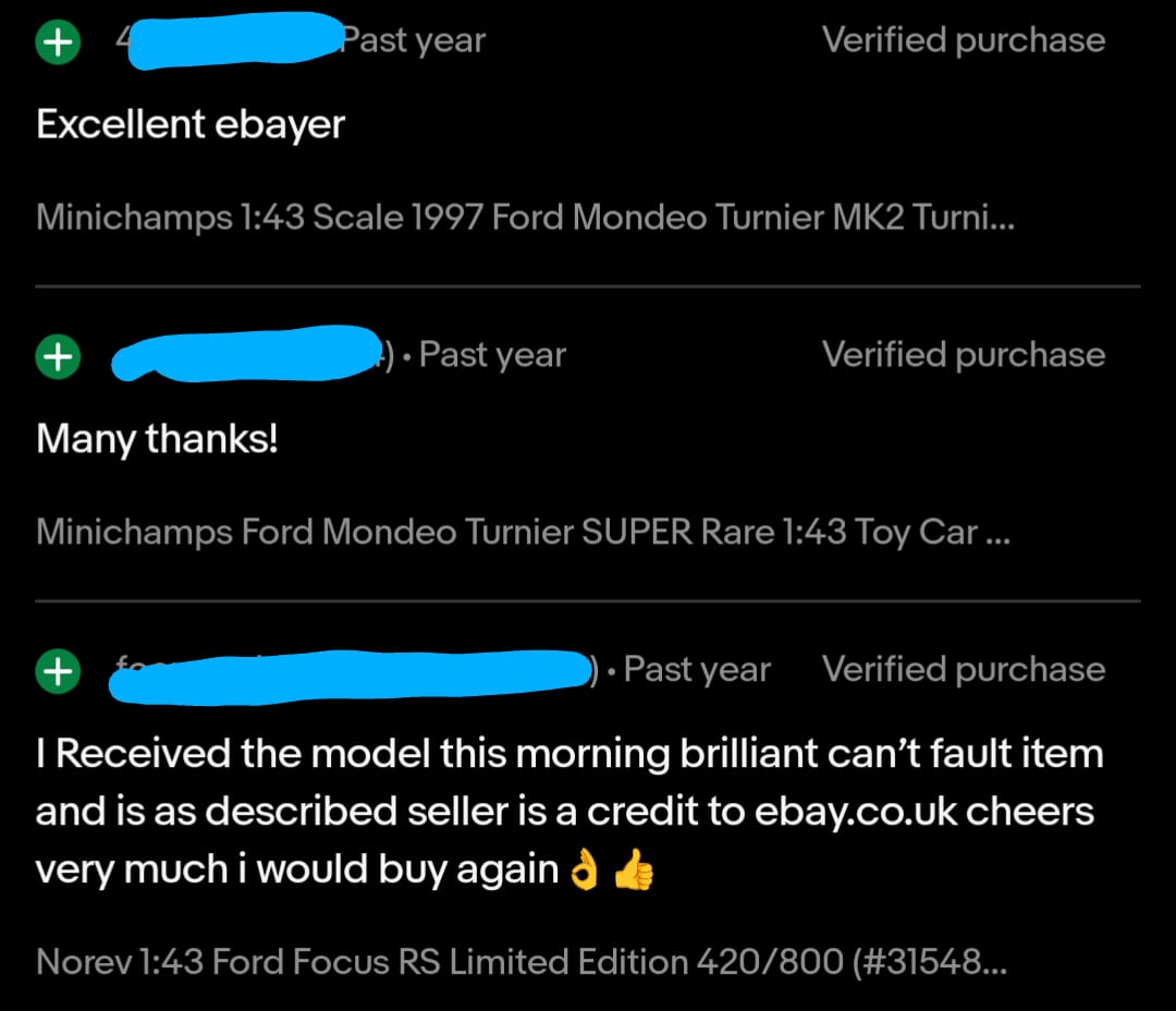 Positive eBay feedback from a repeat customer — showing how professional service builds loyalty and trust